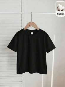 SHEIN Tween Girl Knitted Solid Color Crew Neck Fitted Casual T-Shirt - Black - View 5