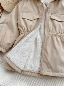 SHEIN Cute, Versatile, Solid-Color, Fleece-Lined Hooded Jacket For Baby Girls-Perfect For Fall And Winter. - Khaki - View 4