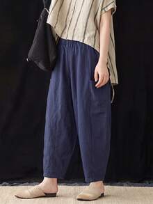 SHEIN Women's Vintage Casual Lantern Pants Loose Comfortable Pumpkin Pants Ramie Linen - Dusty Blue - View 6