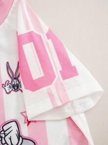 LOONEY TUNES X SHEIN Young Girl Fun Sporty Style Striped Cartoon Pattern Print Short Sleeve Round Neck T-Shirt - Pink - View 5