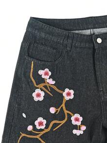 Manfinity Hypemode 大梅花刺繡超寬腿牛仔褲 - 黑色 - 查看 6