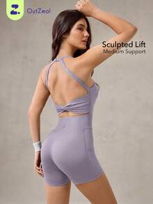 OutZeal Tuta sportiva intera da donna per palestra, allenamento e yoga, traspirante, con reggiseno integrato e nodo sulla schiena - Viola chiaro - Visualizzare 1