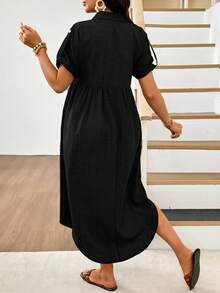SHEIN 孕婦度假休閒純色前開扣洋裝 - 黑色 - 查看 4
