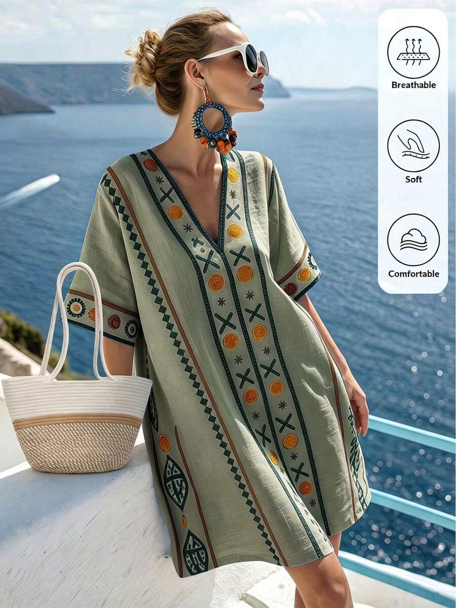 Isle Nomé Gaun Liburan Pantai Musim Panas Wanita - Olive Green - View 1