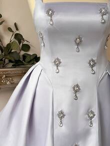 Lovelzi Plus Size Elegant Luxurious Light Sky Blue Satin Handmade Integrated Rhinestone Decor Wide Strap Back Tie Detail A-Line Ball Gown Formal - Baby Blue - View 4