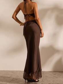 Opulessa Women's Solid Color Fringe Hem Halter Top And Mini Skirt Elegant 2 Pieces Set - Coffee Brown - View 5