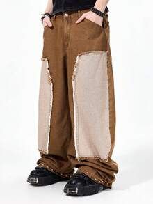 ROMWE MEN Street Life Men's Casual Fashion Street Style Distressed Patch Rivet Decor Loose Straight Leg Jeans - Brown - View 4