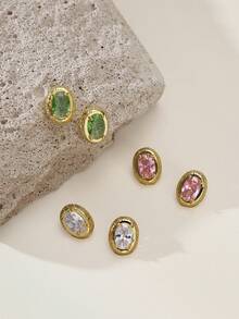 Opalesca 18K Gold Plated Oval Zirconium Stylish Fine Quality Stud Earrings - Yellow Gold - View 2