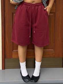 Dazy Plus Elastic Waist Loose Bermuda Shorts Sports CasualBermuda Shorts Plus Size Women Spring Summer Sweat Shorts - Burgundy - View 2