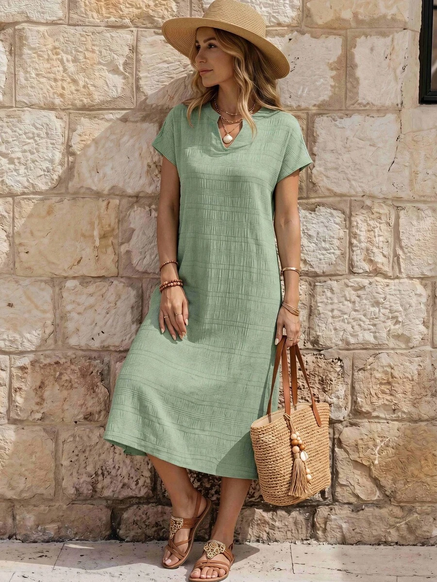 EMERY ROSE Women's Solid Color V-Neck Short Sleeve Straight Casual Mid-Length Dress - Green - View 1