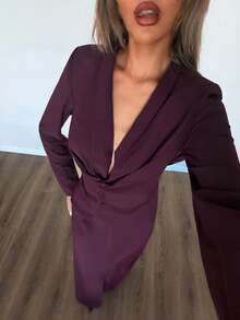 Firerie 女款優雅時尚通勤返校教師穿搭，休閒百搭街頭風，收腰設計，百褶寬墊肩收腰西裝外套配長裙，梅紫色套裝 - 中紫紅色 - 查看 9