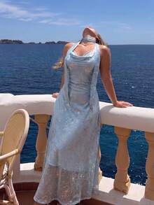 GalTyme Große Größen Sommer elegantes Folien-Blumenmuster Spaghettiträger Kleid - Verschiedenfarbig - Übersicht 4