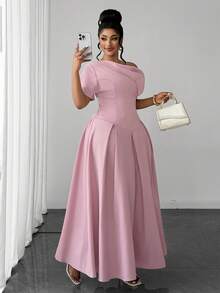 Maweii Plus Size French Design Pink Asymmetrical Neckline Short Sleeve Cinched Waist Flared Hem Women's Dress Cocktail Wedding Summer Romantic Elegant - Pink - View 4