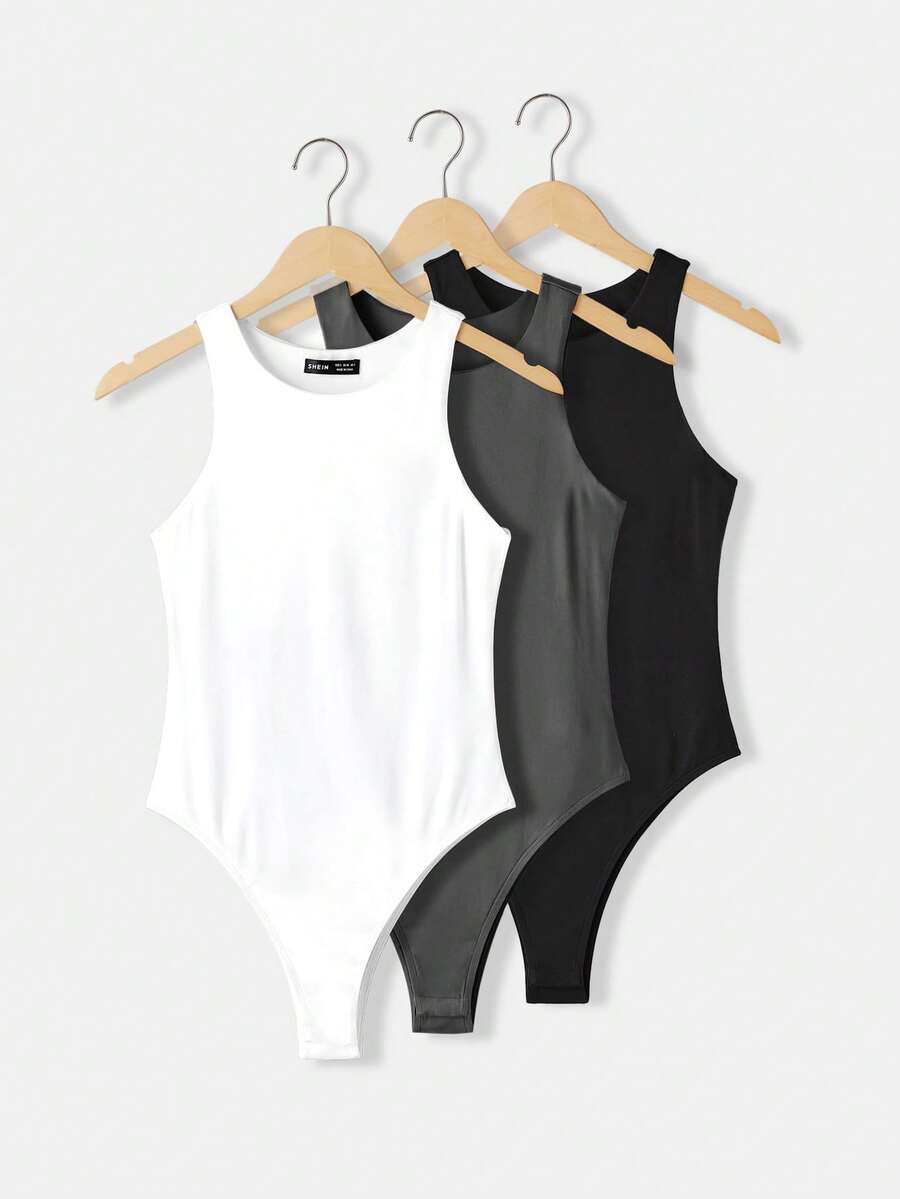 SHEIN BASICS 3件組女款休閒極簡基礎圓領無袖修身純色針織連身衣 夏季日常上班穿搭 白色 灰色 黑色
