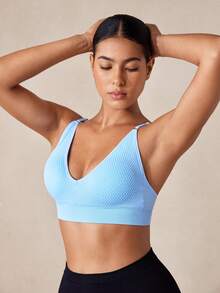 Veilyse Women's Wireless Bra And Detachable Breast Pad Solid Color Comfortable Bra - Baby Blue - View 3