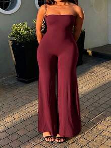 INAWLY Plus Size Summer Fashion Solid Color Strapless Jumpsuit - Burgundy - View 5