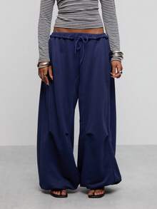 COUREZ Low Rise Oversized Casual Sweatpants With Knee Pleats, Y2K Comfy Pants For Women Navy Blue Bottoms Fall Autumn Going Out Airport - Blue - View 2