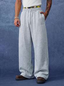 PAVTROS Men's Drawstring Waist Pocket Wide Leg Loose Casual Sweatpants - Grey - View 5