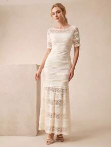 Anewsta Women's Elegant Romantic Lace Hollow Out Bodycon Dress Wedding Formal Office Off-White Summer - Apricot - View 7