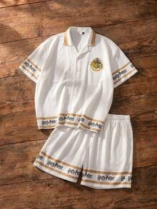 HARRY POTTER X SHEIN Men's Vacation Striped Letter Print Single-Breasted T-Shirt And Casual Shorts Set, - Khaki - View 1