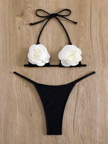 Swim SXY Conjunto de bikini de cuello halter con detalles de flores 3D y bloques de color para playa de verano - Negro - Ver 2
