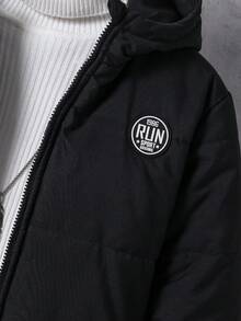 SHEIN 男童戶外運動保暖簡約拉鍊純色防污綠色棉質加厚外套 - 黑色 - 查看 9
