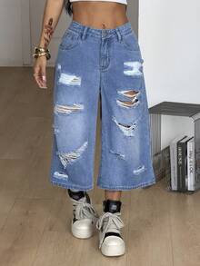 Coolane Women's Summer Streetwear Grunge Y2k Back-To-School Casual Vintage Cotton Wash Low Waist Denim Shorts Bermuda Capri Jeans Ripped Night Out Aqua Blue - Light Wash - View 3
