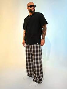 EASEVO Plus Size Men's Fashion Plaid Wide Leg Long Pants - Black and White - View 1
