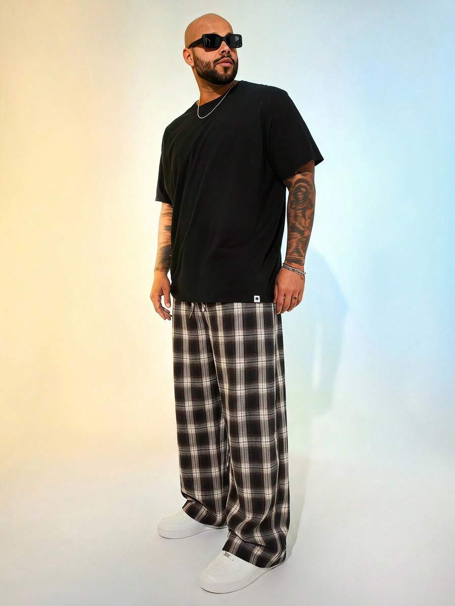 EASEVO Plus Size Men's Fashion Plaid Wide Leg Long Pants - Black and White - View 1