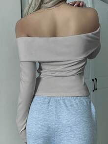 SHEIN TEEN GIRL Pink Knitted Off-Shoulder Casual Fitted Long Sleeve T-Shirt Street - 灰色 - 查看 5