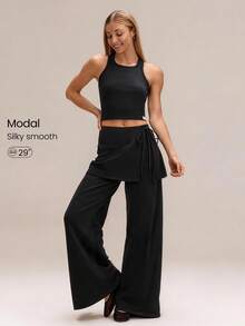 GLOWMODE Modest 1PC SoftCalm Modal Easy Shift Silky-Smooth Soft Breathable Adjustable Drawstring Ankle Side Pocket 2-In-1 Wide-Leg Jogger Casual - Black - View 9