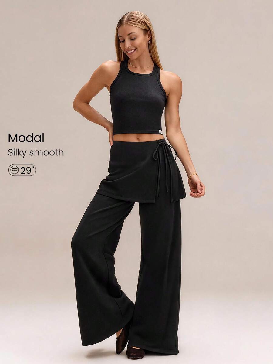 GLOWMODE X Reem Modest SoftSerene Modal Easy Shift Silky-Smooth Soft Breathable Adjustable Drawstring Ankle Side Pocket 2-In-1 Wide-Gleg Jogger Daily Casual Street Wear - 黑色 - View 1