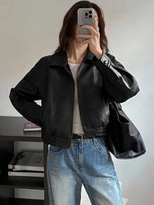DAZY Women's PU Material Pocket Long Sleeve Fashion Versatile Jacket ,Petite Women School - Black - View 4
