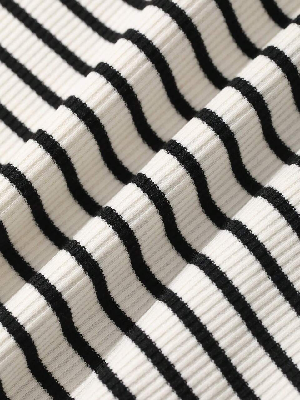 Summer Autumn June Festival Polo Collar Short Sleeve Zipper Loose Black & White Striped Casual Women's T-Shirt