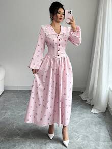 Modelyn 女士梭织印花荷叶边长袖纽扣腰A字连衣裙 - 粉色 - 查看 6