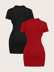 SHEIN BASICS 2件組女款純色針織 Polo 領半拉鍊迷你洋裝，適合夏季校園、城市旅行、度假，黑色與深紅色，運動休閒街頭風 - 紅色 - 查看 3