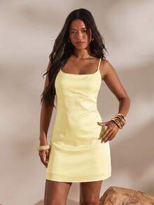 Opulessa Spring/Summer Vacation Solid Color Woven Spaghetti Strap Dress For Women Vacation Pale Yellow Elegant - Yellow - View 7