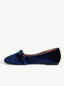CUCCOO CHICEST Navy Blue Velvet Mary Jane Shoes For Women, French Retro Square Toe Flats, Soft-Soled Ballet Shoes - Blue - View 4