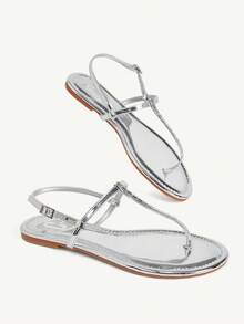 CUCCOO CHICEST Mirror Silver T-Word Clip Foot Back Strap Buckle Flat Sandals, Women's Simple And Versatile Outer Wear Casual Shoes - Silver - View 6