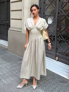 Siren Gaze Short Sleeve Deep V-Neck Pleated Dress, Summer Casual Minimalist Tropical Style, Suitable For Daily Vacation Gatherings, Wedding Guest, Elegant Beige - Apricot - View 8