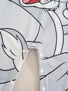 LOONEY TUNES X SHEIN 男嬰可愛卡通印花圓領長袖連身衣 - 灰色 - 查看 5