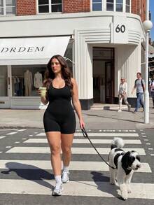 SHEIN Dewbera Women Plus Size Letter Print Casual Daily Wear Sports Romper - Black - View 5