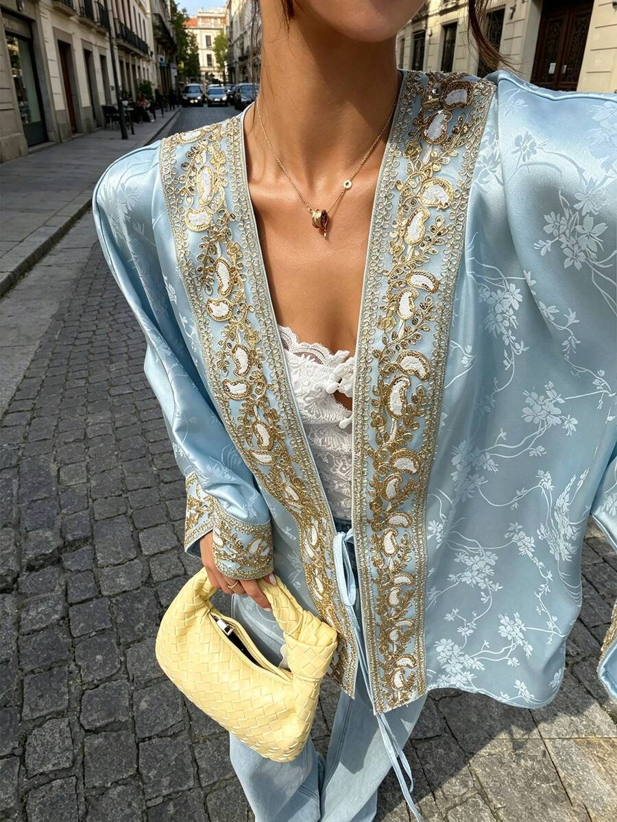 Cévolie 女款純色珍珠重工刺繡金線蕾絲飾邊優雅早秋襯衫外套 - 藍色 - 查看 1