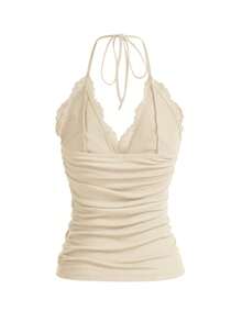 ROMWE PUNK Elegant Solid Color Lace Patchwork Backless Halter Top, Summer - Apricot - View 2