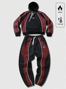 ROMWE MEN Prep 男士連帽衛衣套裝，秋冬日常街頭風，美式英文印花拼接連帽衛衣套裝，中性款 - 黑色 - 查看 5