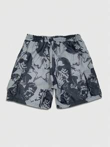 ROMWE MEN Street Life Celana Pendek Kargo Pria dengan Tali Serut dan Motif Huruf, Kasual, Serbaguna, untuk Perjalanan Sehari-hari - Grey - View 2