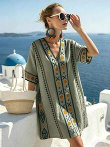 Isle Nomé Gaun Liburan Pantai Musim Panas Wanita - Olive Green - View 3