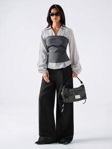 LYSMO Colorblock Patchwork Plaid Cinched Waist Shirt - Multicolor - View 3