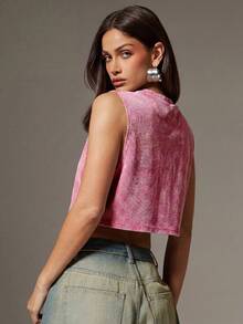 Denimoi Rhinestone Cross Charms Cropped Low Armhole Tank Top, Fashionable, Crop Top - Pink - View 7