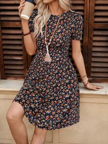 Rusticease Ladies' Summer Round Neck Floral Print A-Line Short Elegant Dress,Boho Clothes Women - Black - View 6